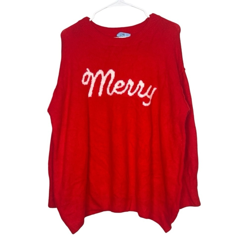 CECE Womens Merry Script Christmas Sweater Red Holiday Cozy Plus Size 1X